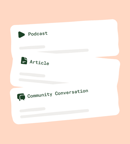 An illustration of three cards, labeled podcast, article, and community conversation.